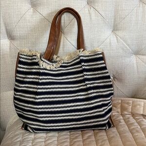 Striped Navy and Cream Sondra Roberts Squared Woven Tote Bag